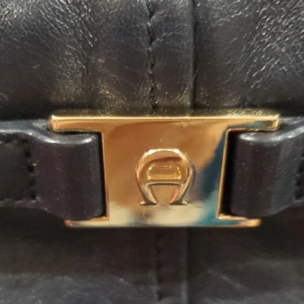 Etienne Aigner Black Leather Shoulder Bag with Gold Accents Plus Pocket Mirror